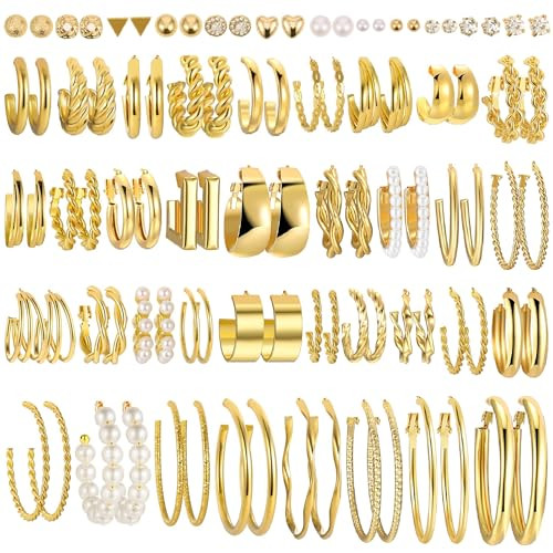 48 Pairs Gold Hoop Earrings Set for Women, Chunky Gold Earrings Multipack Twisted Statement Pearl... | Amazon (US)