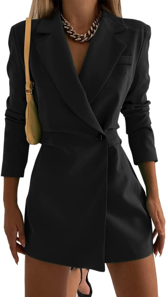 Hdieso Women's Solid Color Casual Long Sleeve Lapel Button Blazer Jacket | Amazon (US)