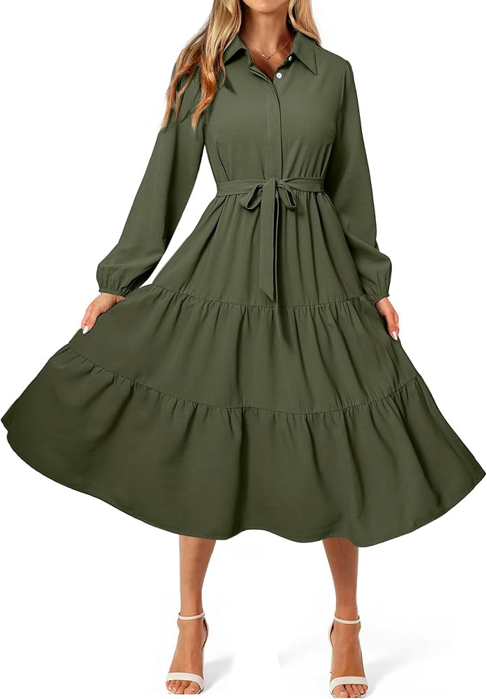 BerryGo Womens Long Sleeve Dresses 2025 Fall Maxi Casual V Neck Belted Button Down Wedding Guest ... | Amazon (US)