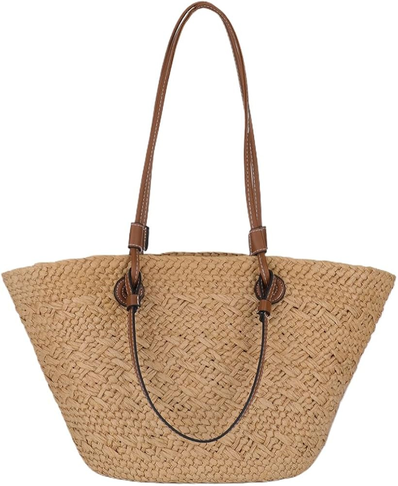 Straw Tote Beach Bag Striped Shoulder Handbag Women Woven Tote Bag Fashion Shoulder Bag Large Cap... | Amazon (UK)