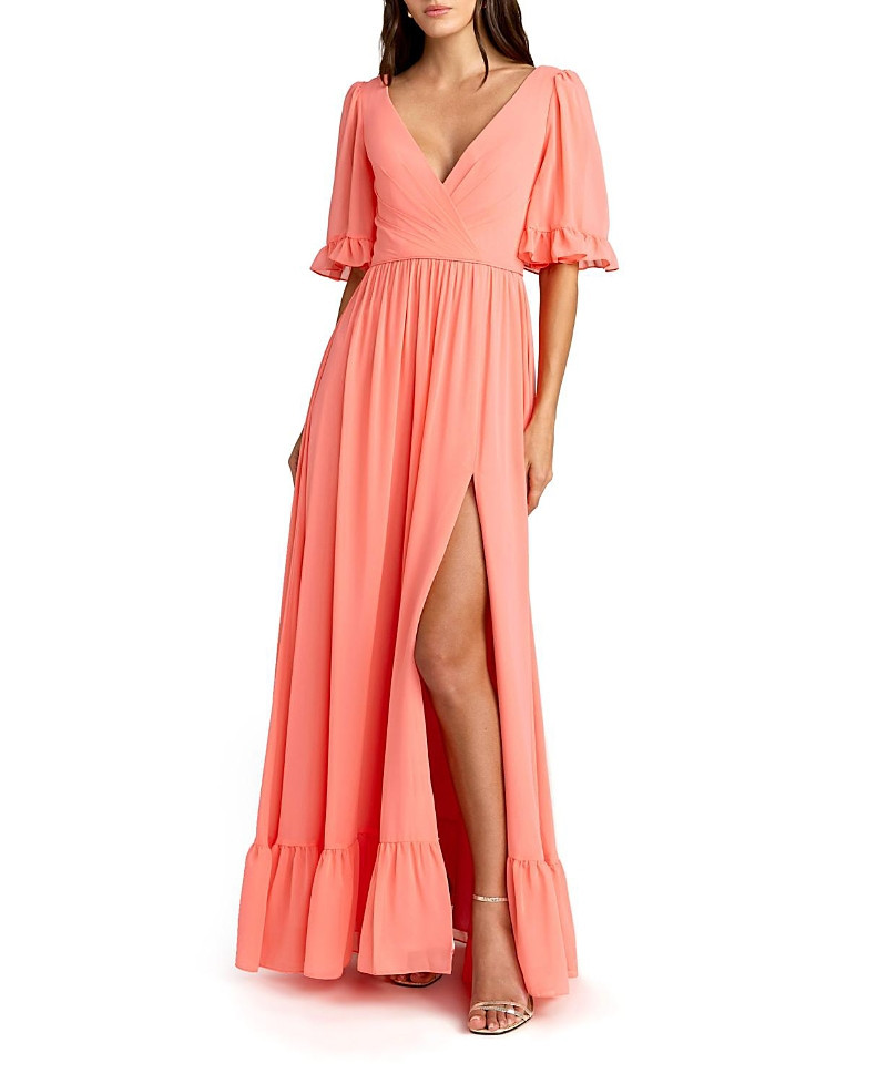 Mac Duggal V-Neck Flutter Sleeve Chiffon Faux Wrap Maxi Gown | Bloomingdale's (US)