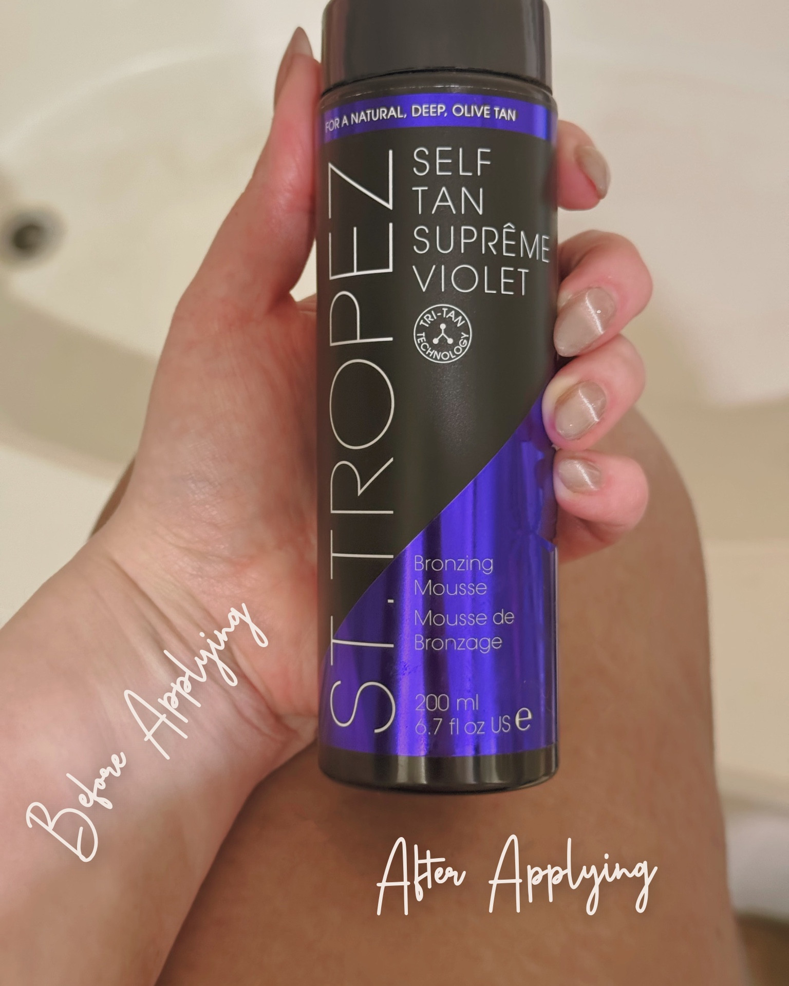 Listen. I have tried every single self tanner ever. For. Years. I’m pale (German & English), burn instead of tan, and consider myself a self tanner expert(ish). St. Tropez Suprême Violet foam is purple-based, so it results in a cool-toned tan. I don’t mind a warmer tan, either, but if you’re afraid of any orange tones, this’ll eliminate that possibility. It’s also D A R K, so this one is more for experienced tanners (or someone who KNOWS they want a dramatically dark tan). Exfoliate & shave first, and use an oil-free body wash before applying. Lotion or Vaseline your knees, knuckles, and elbows to prevent over-developing those areas.☀️

#LTKFindsUnder50 #LTKBeauty