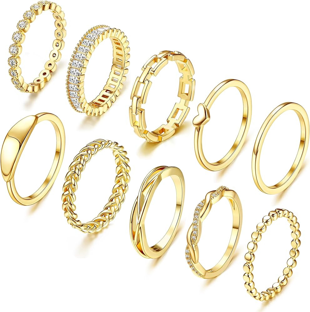 Florideco 10 PCS Dainty Gold Rings for Women Non Tarnish, 14K Gold Stackable Ring Set, Wedding Pr... | Amazon (US)