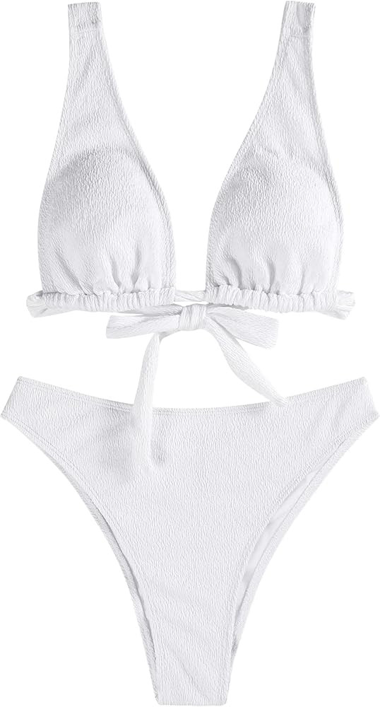 ZAFUL Womens Back Tie Bikini Set V Neck High Waisted Crinkle Longline Plunge Bikini Two Piece Bat... | Amazon (US)