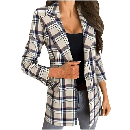 Plaid Blazer for Women Work Casual Suit Jackets with Pockets Long Sleeve Tops Coats Tops Lapel Butto | Walmart (US)