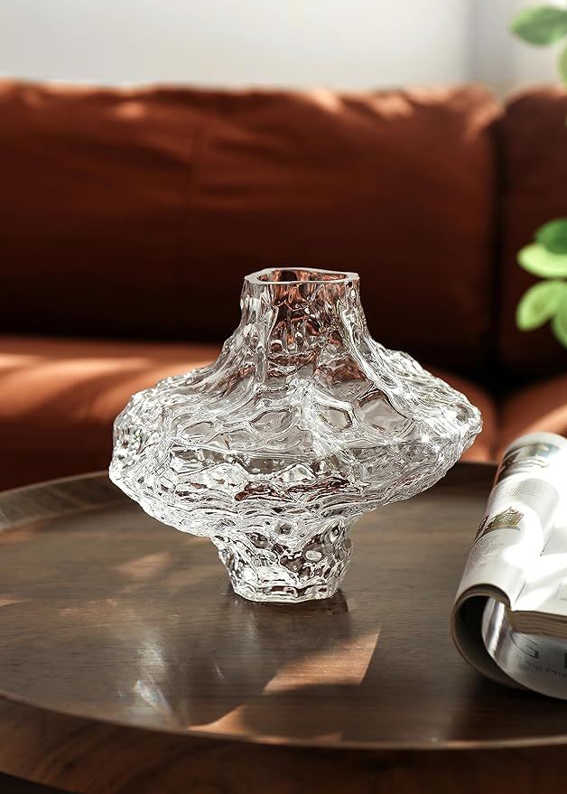 Yannige Glass Vase with Glacier Texture Design - Clear Flower Vase Decorative for Modern Home, We... | Amazon (US)