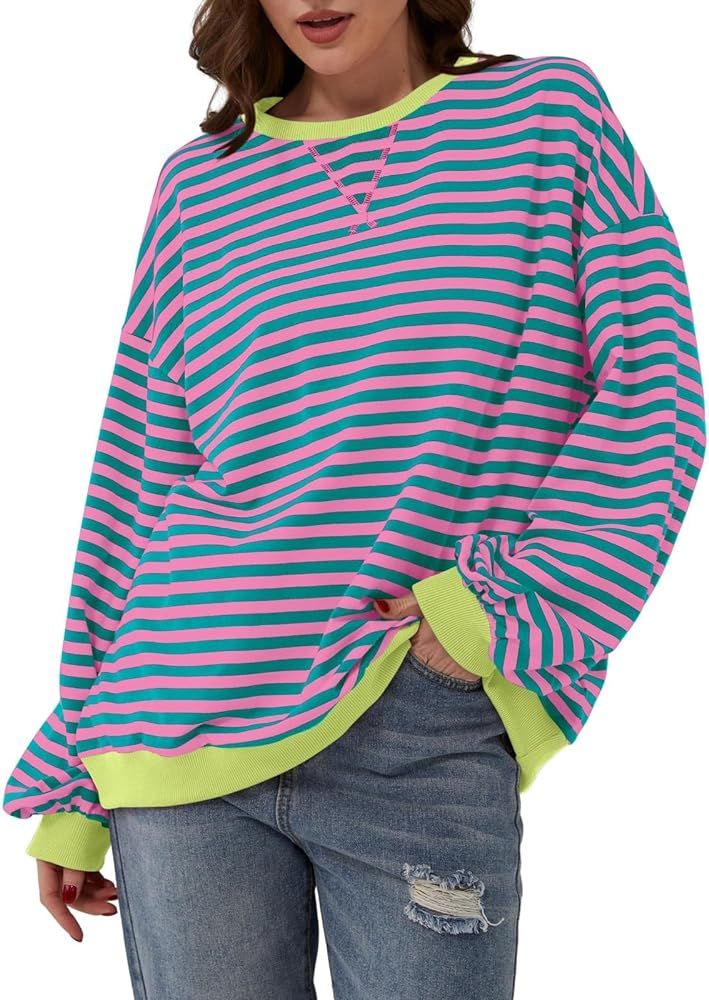 UOFOCO Women's 2024 Spring New Oversized Striped Sweatshirt Long Sleeve Crew Neck Sports Casual L... | Amazon (US)