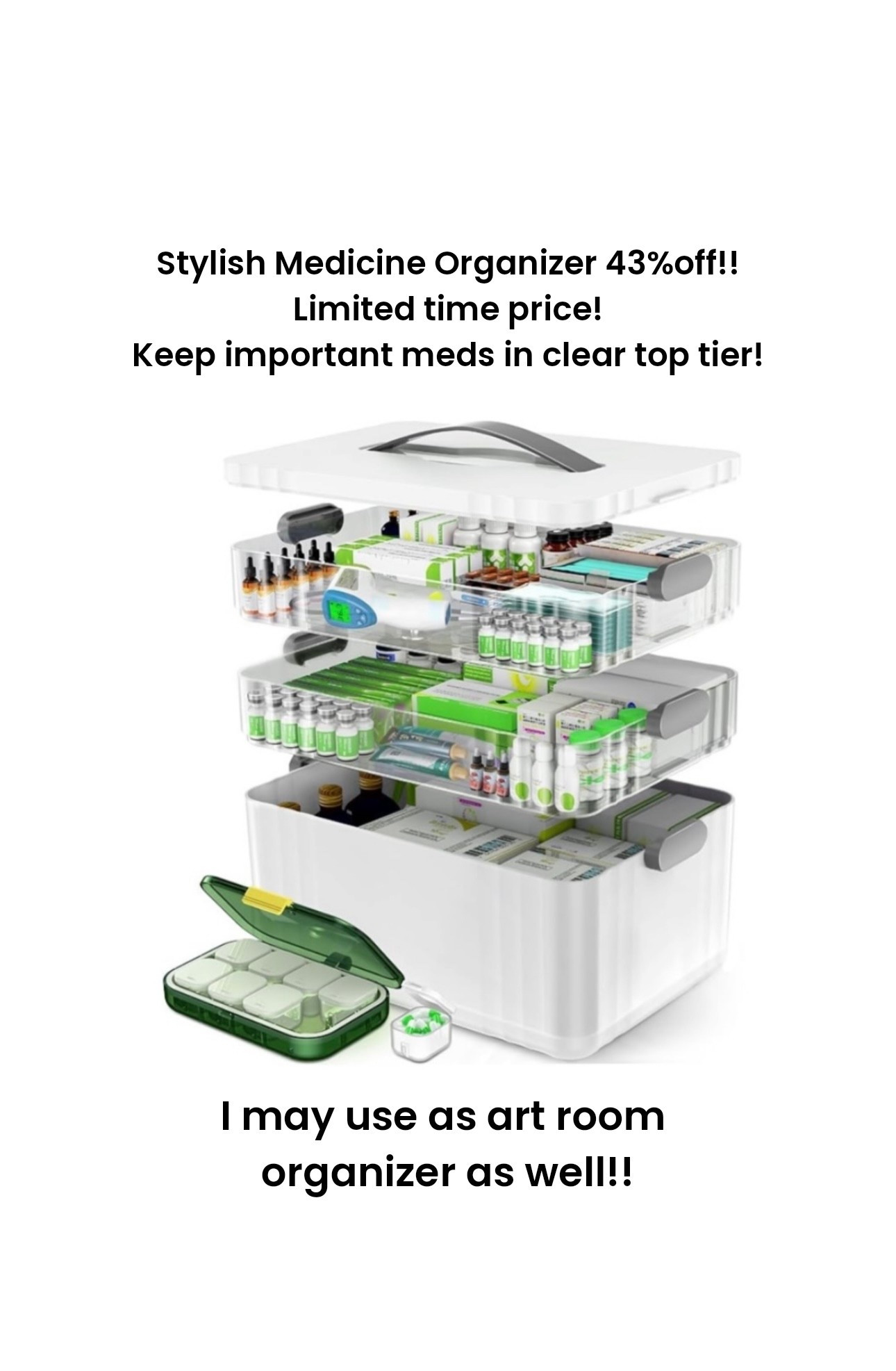 3-Tier Medicine Organizer - Portable Medicine Cabinet with Plastic Handle, Multipurpose Medical Box with Pill Box, Empty First Aid Kit for Home, art paint organizer! I am using for art and meds! Stylish and on cyber week sale! Keep your important meds on top tier!

#LTKmorningroutine #LTKdayinmylife #LTKCyberWeek