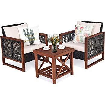 Tangkula 3 Pieces Patio Wicker Furniture Set, Rattan Outdoor Sofa Set w/Washable Cushion & Acacia... | Amazon (US)