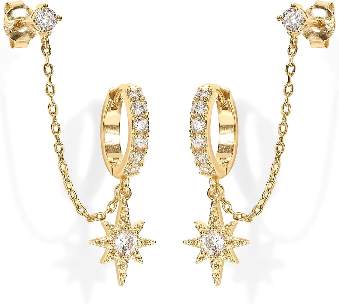 PAVOI 14K Gold Chain Earrings for Women | Double Piercing Dangle Chain Huggie Hoop Earrings | Cub... | Amazon (US)