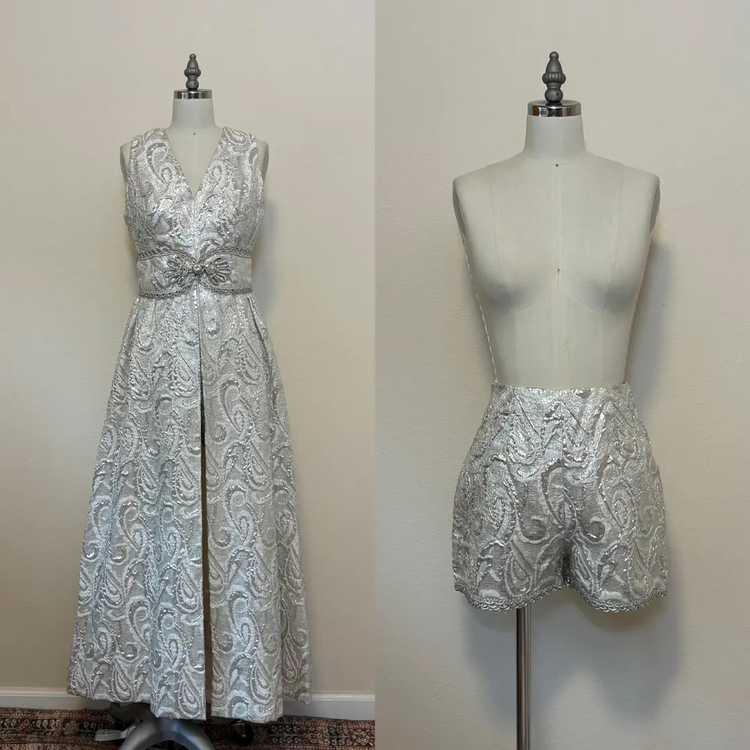 Vintage 60s Silver Brocade Dress Suit, Two Piece Hostess Shorts Set,  Metallic Two Piece Outfit | Etsy (US)