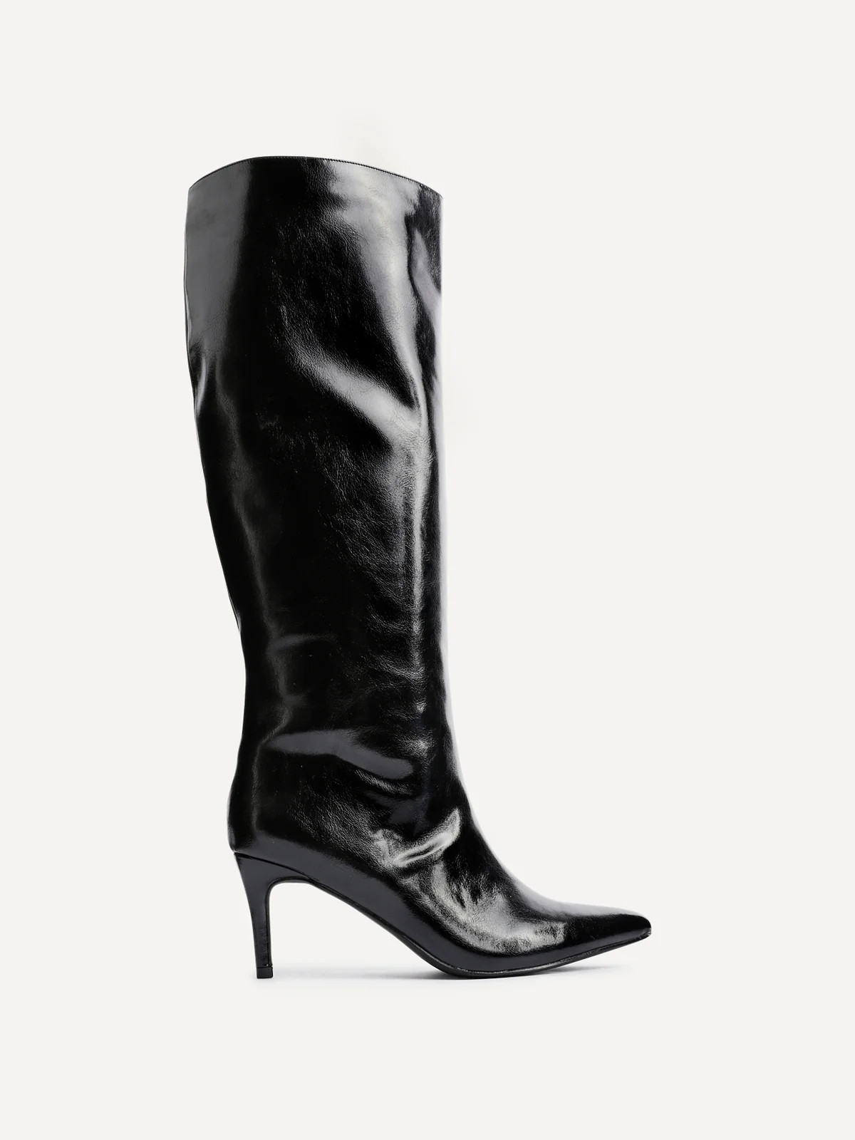Onyx Black Faux Leather Long Heeled Boots | Linzi Shoes