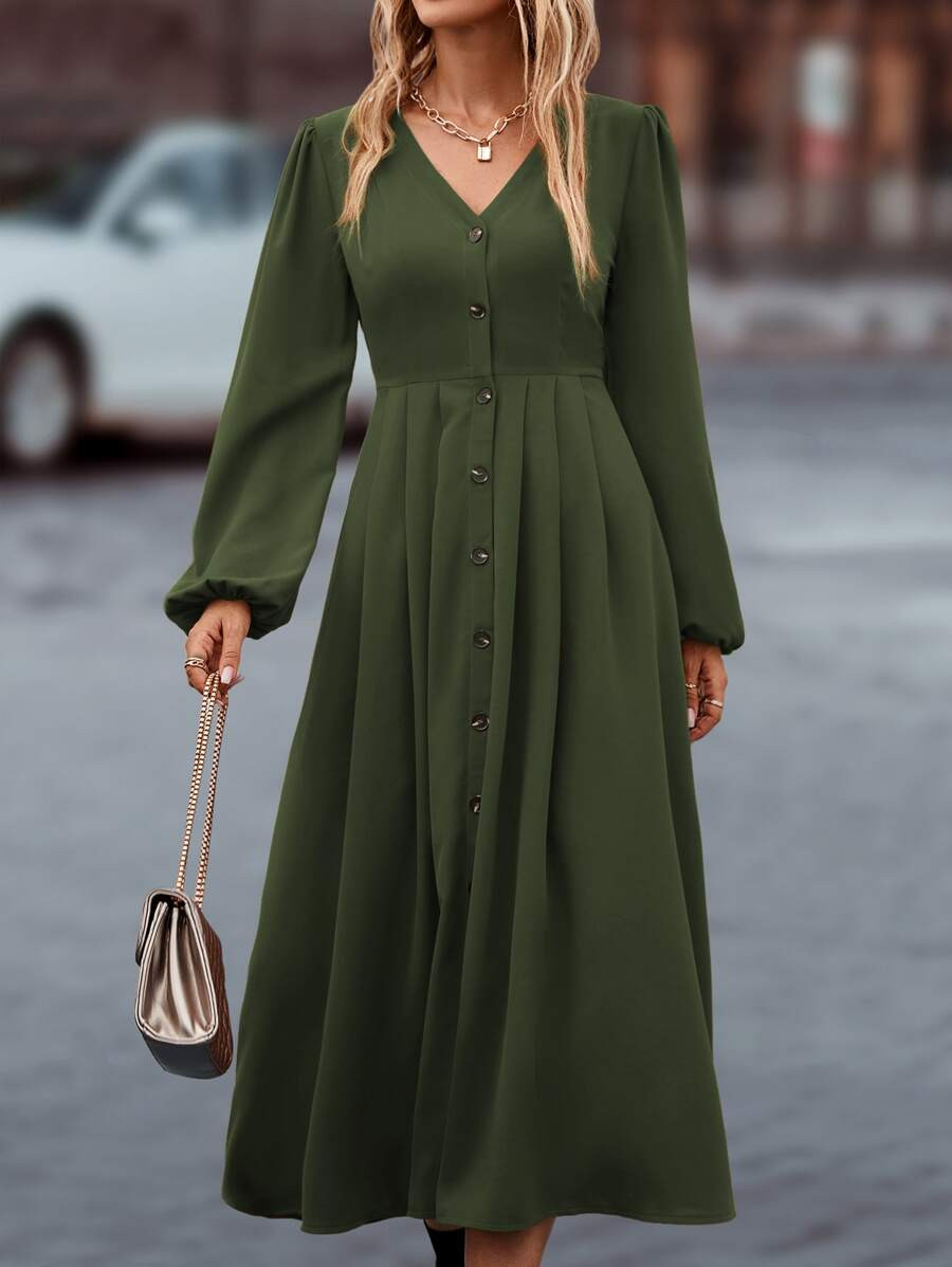 Solid Single Breasted Lantern Sleeve Dress
   SKU: sw2209149512882210      
          (78 Reviews... | SHEIN