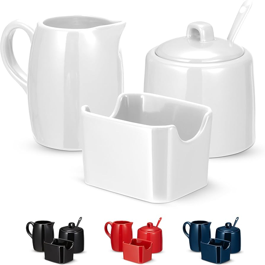 KooK Sugar and Creamer Set, 3 Piece, Pitcher, Sugar Bowl with Lid and Spoon, Sweetener Holder (Wh... | Amazon (US)