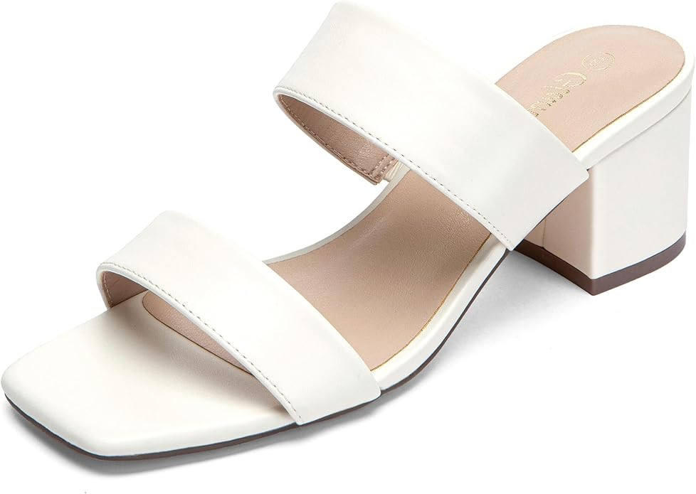 Women's Wide Width Heeled Sandals Two Strap Square Open Toe Dressy Slides 2 Inch Low Chunky Block... | Amazon (US)