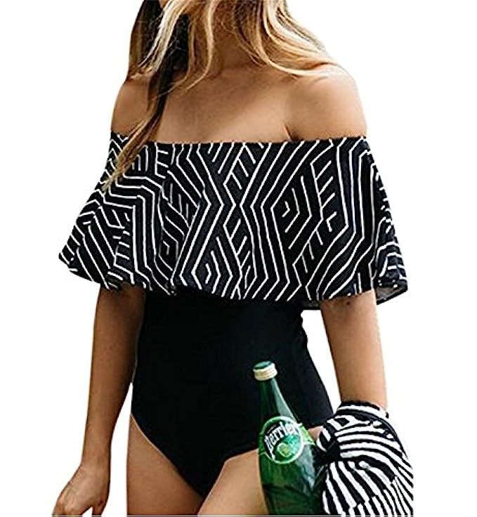 Hallegave Women Sexy Ruffle Off-The-Shoulder One-Piece Swimsuit Hollow Out Bikini | Amazon (US)