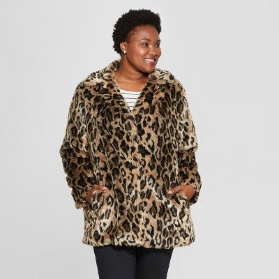 Women's Plus Size Leopard Print Faux Fur Coat - Ava & Viv™ Black/Tan | Target