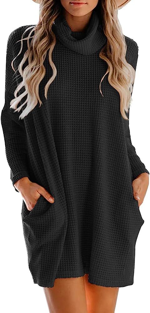MIHOLL Women's Long Sleeve Cowl Neck Casual Loose Oversized Knit Pullover Sweater Dress | Amazon (US)