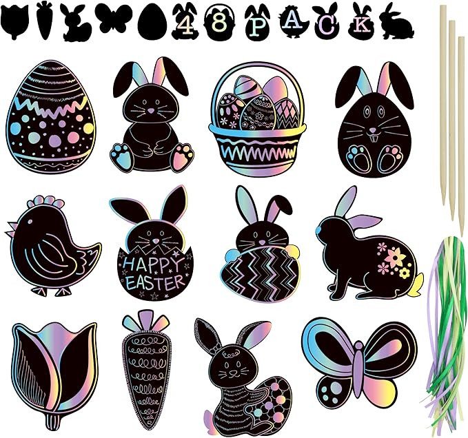 Iconikal 48-Count Easter Scratch Paper Ornaments, Art & Craft Bulk Pack with 24 Sticks Pastel Col... | Amazon (US)