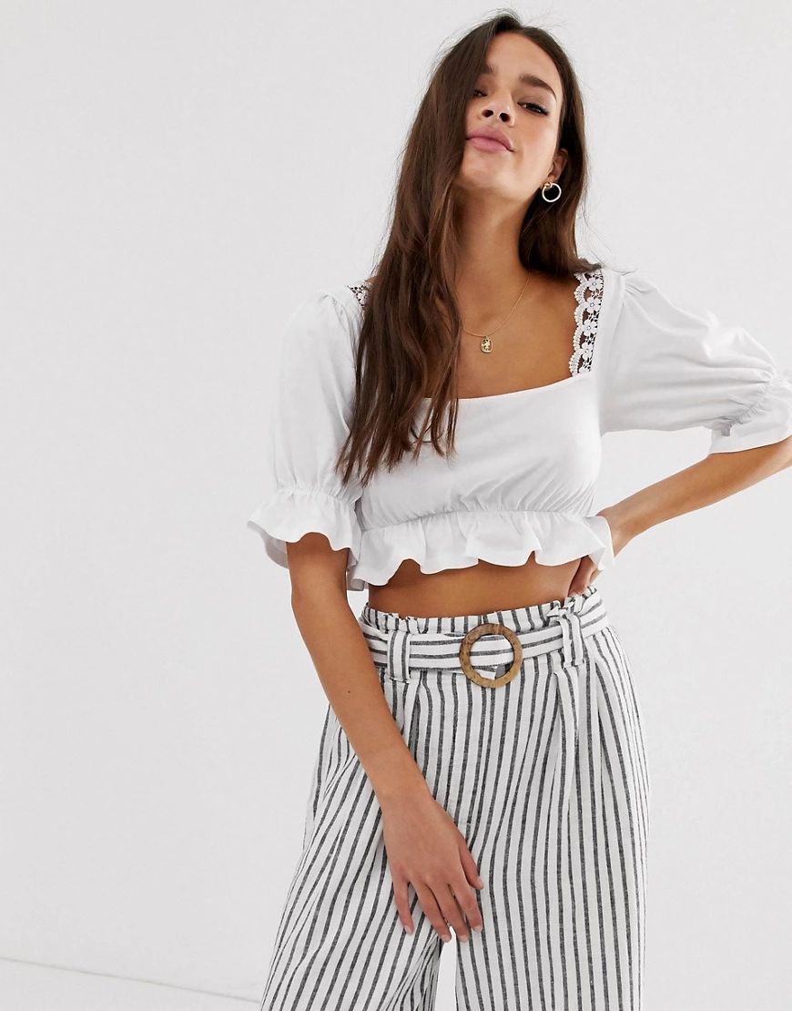 ASOS DESIGN square neck crop top with lace trim-White | ASOS (Global)