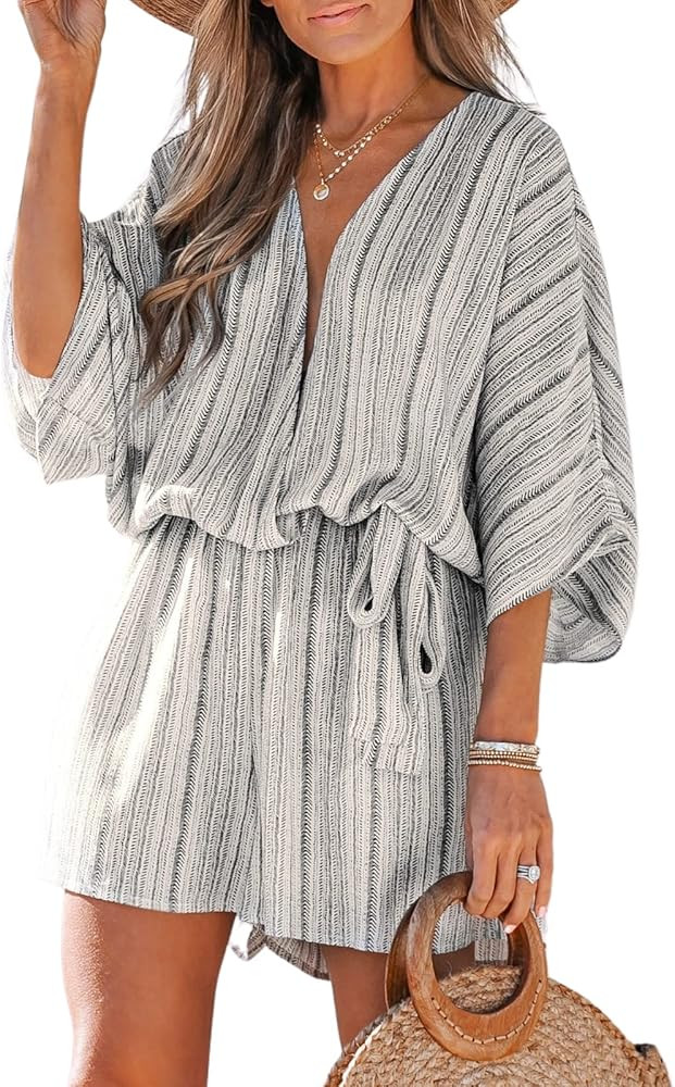 CUPSHE Women's Lace Up Leopard Print Romper Short Sleeves Jumpsuits Wide leg Outfit | Amazon (US)