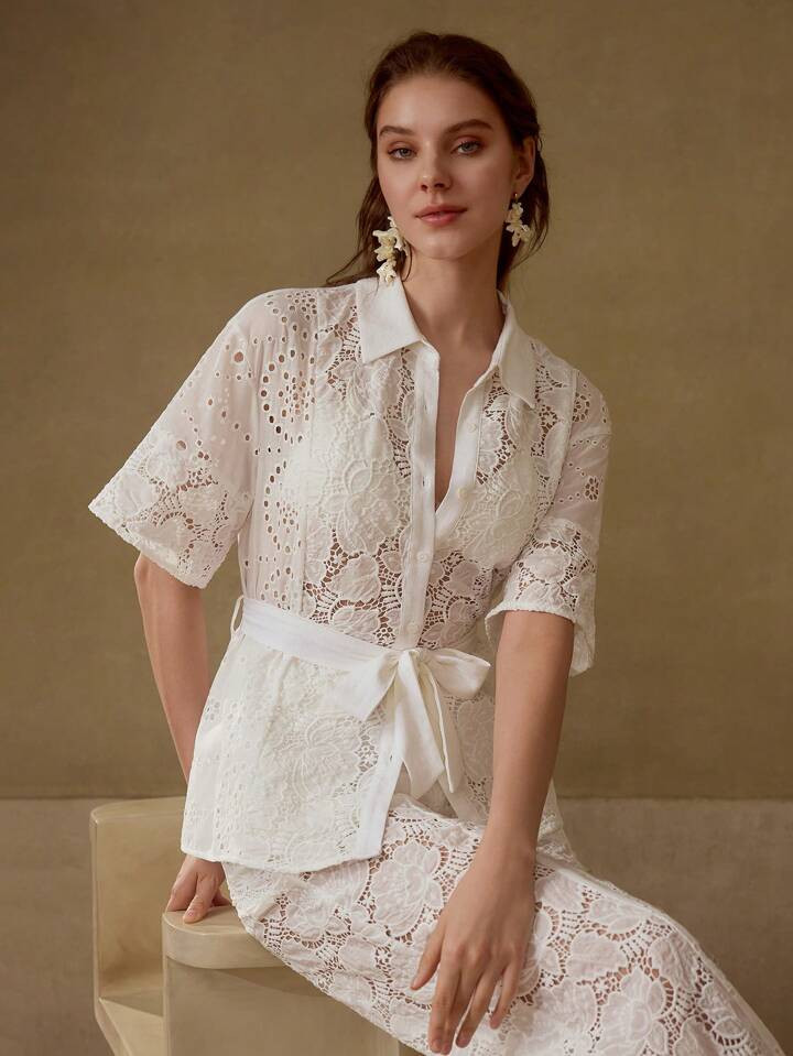 MOTF PREMIUM GUIPURE LACE BELTED SHIRT | SHEIN