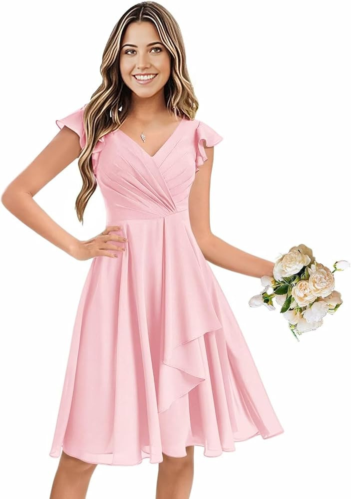 Women's Short Bridesmaid Dresses Ruffled Chiffon V Neck Flutter Sleeves A Line Formal Gown with P... | Amazon (US)