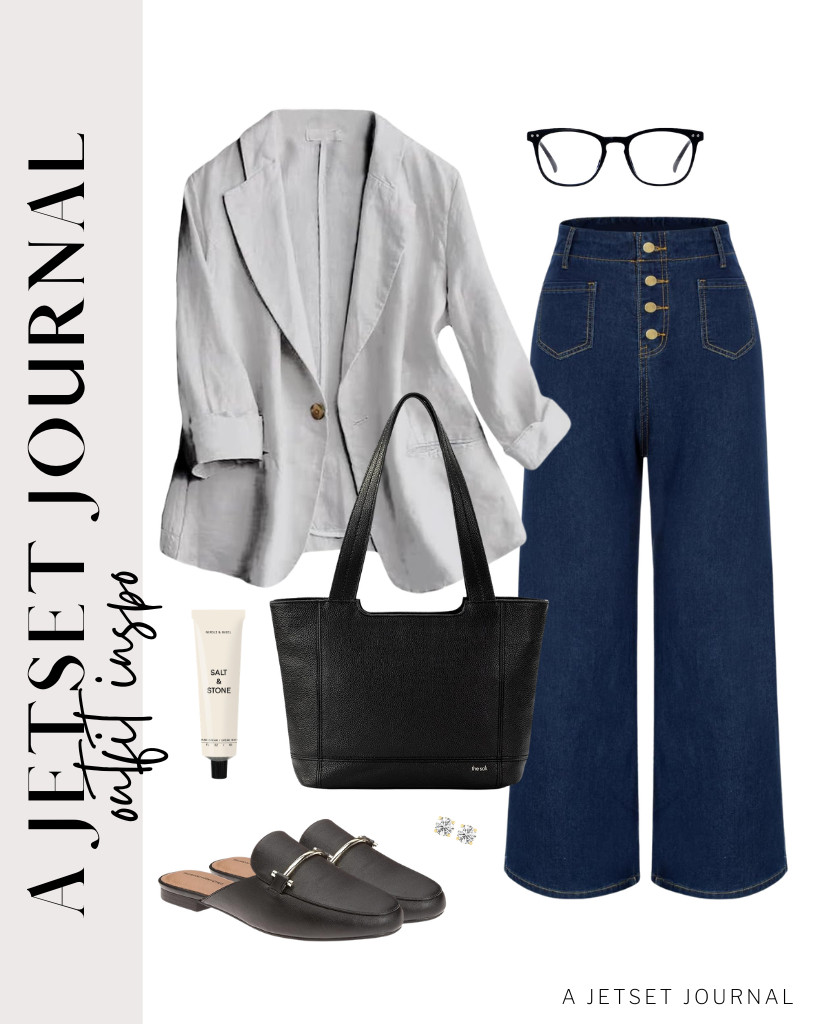 A gray linen blazer is a great third piece and pairs well with high-waist jeans. This trio of a black tote bag, blue-light-blocking glasses, and slip-on buckle mules will complete the outfit. 

 #LTKSeasonal #LTKSaleAlert #LTKTravel