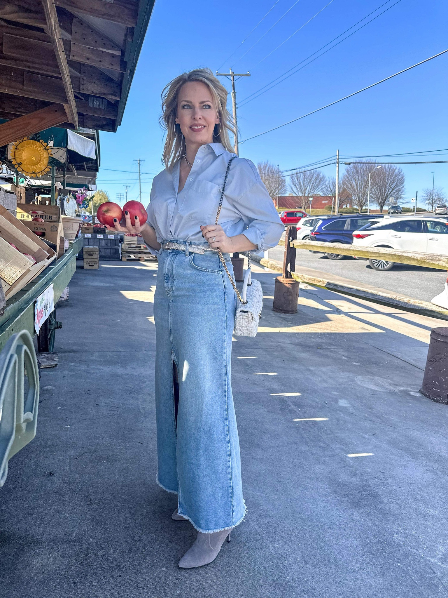 In my hometown there’s a fresh locally-grown fruit market I visit for their $0.59/lb apple special every week! This time I made it a fashionable trip in my Pilcro denim maxi skirt and over-sized shirt from Anthropologie! 

#LTKstyletip #LTKover40 #LTKfindsunder100