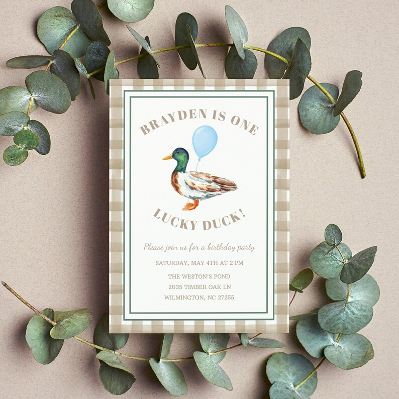 One Lucky Duck Birthday Invitation, Duck Hunting Invite, Duck 1st Birthday Evite, Boy First Birth... | Etsy (US)