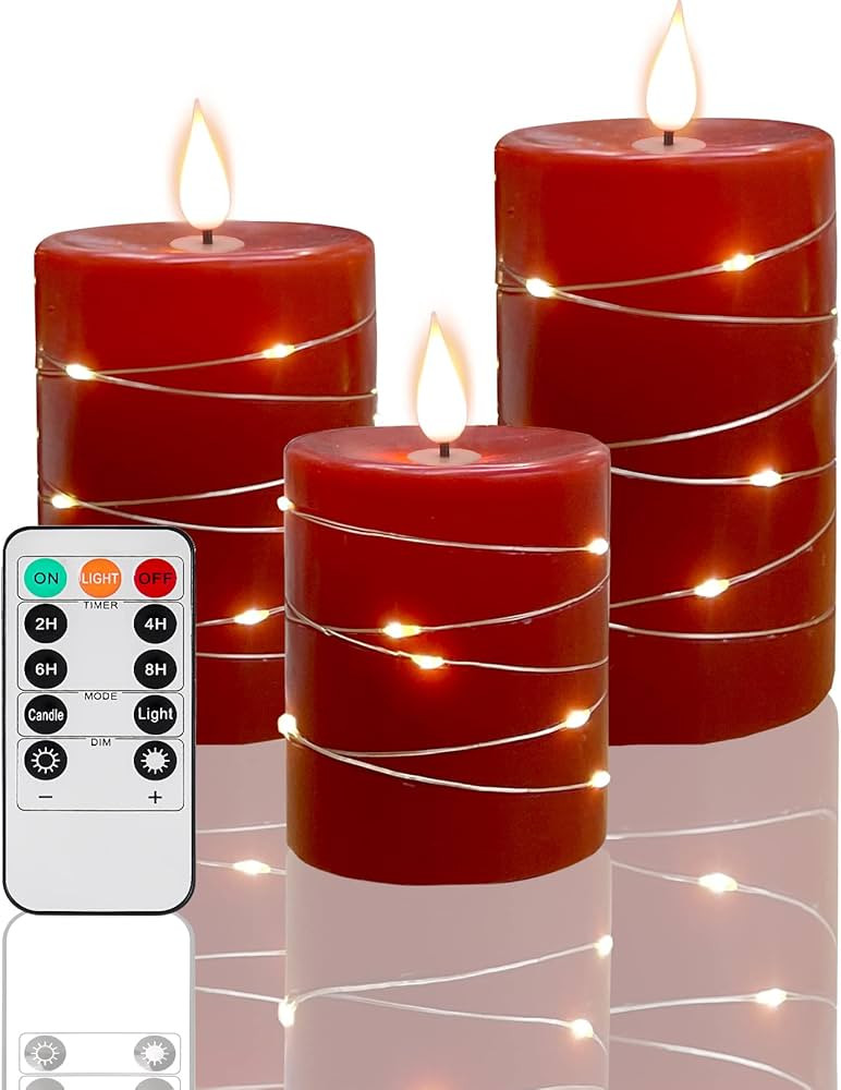 Red Flameless Candles with String Lights Battery Operated LED Pillar Candles 4‘’ 5‘’ 6‘... | Amazon (US)