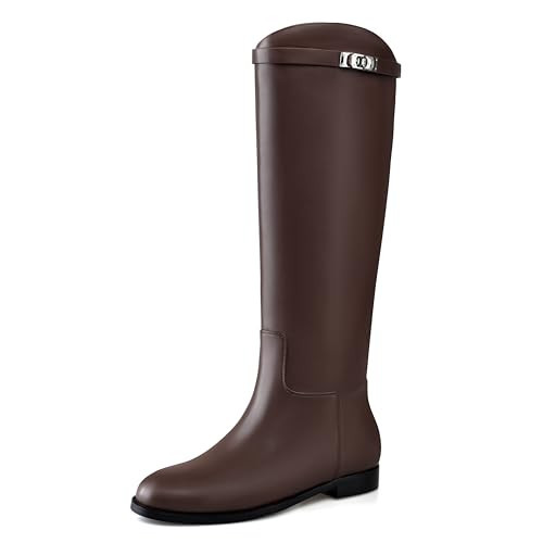 MIRAAZZURRA Brown Flat Knee High Boots Women Round Toe Tall Flat Boots with Buckle Back Zipper Womens Riding Boots Size 10 | Amazon (US)