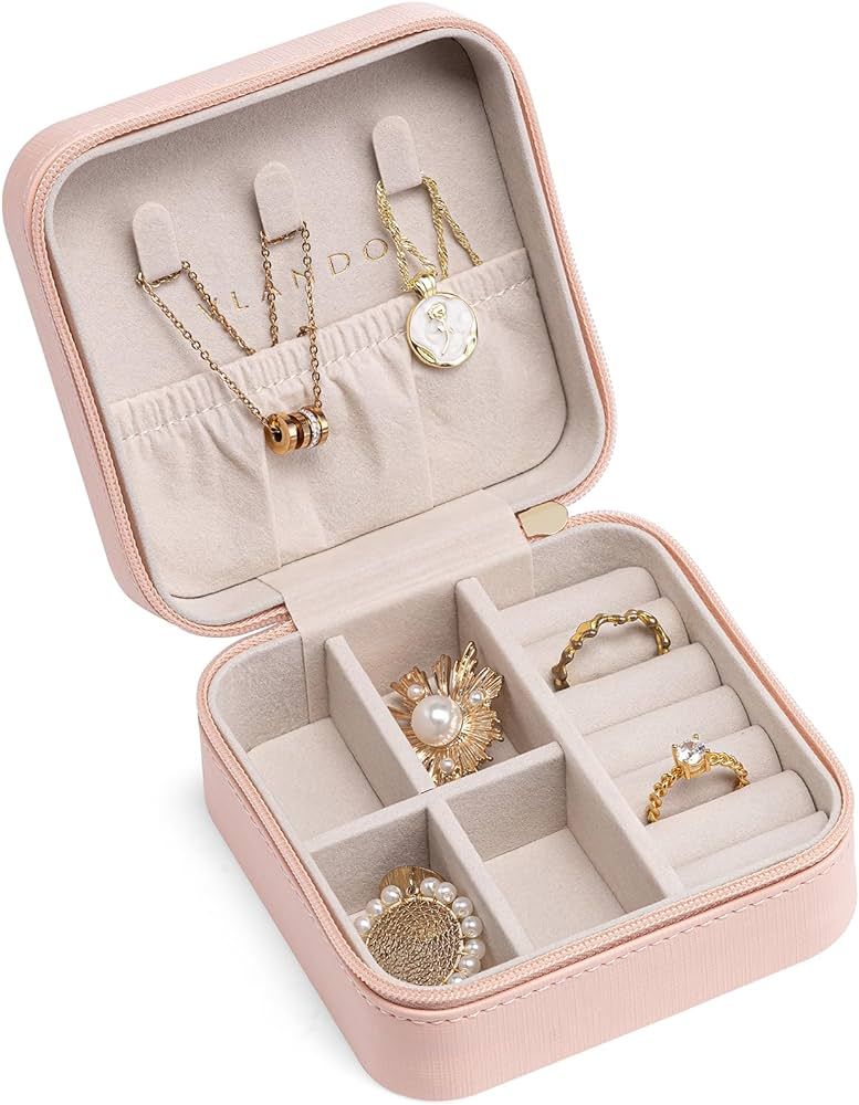 Vlando Travel Jewelry Box, Small Jewelry Travel Organizer Case for Girls Women - Pink | Amazon (US)