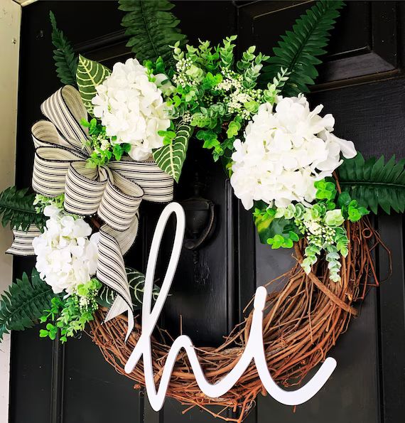 Spring Summer Hi White Hydrangea Floral Grapevine Wreath | Etsy | Etsy (US)