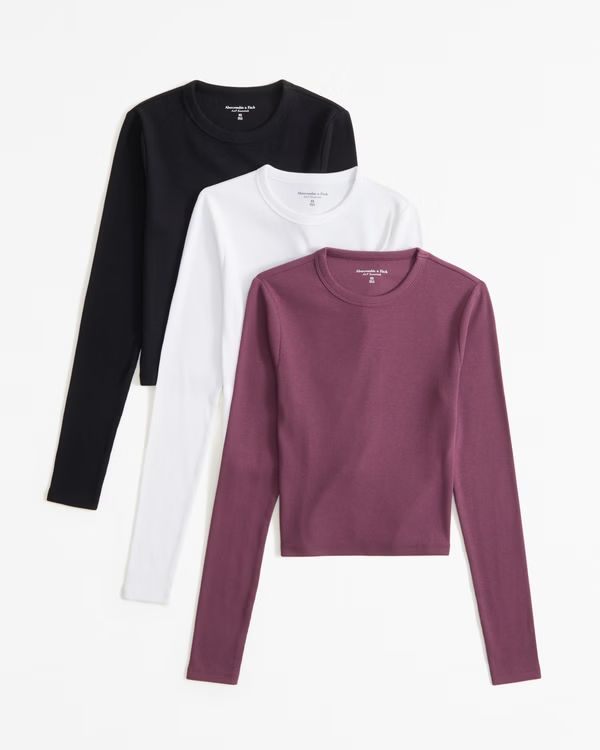 3-Pack Long-Sleeve Cropped Rib Crew Tops | Abercrombie & Fitch (US)