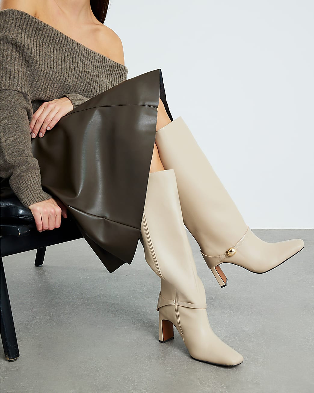 Beige High Leg Gold Hardware Boots | River Island UK & IE