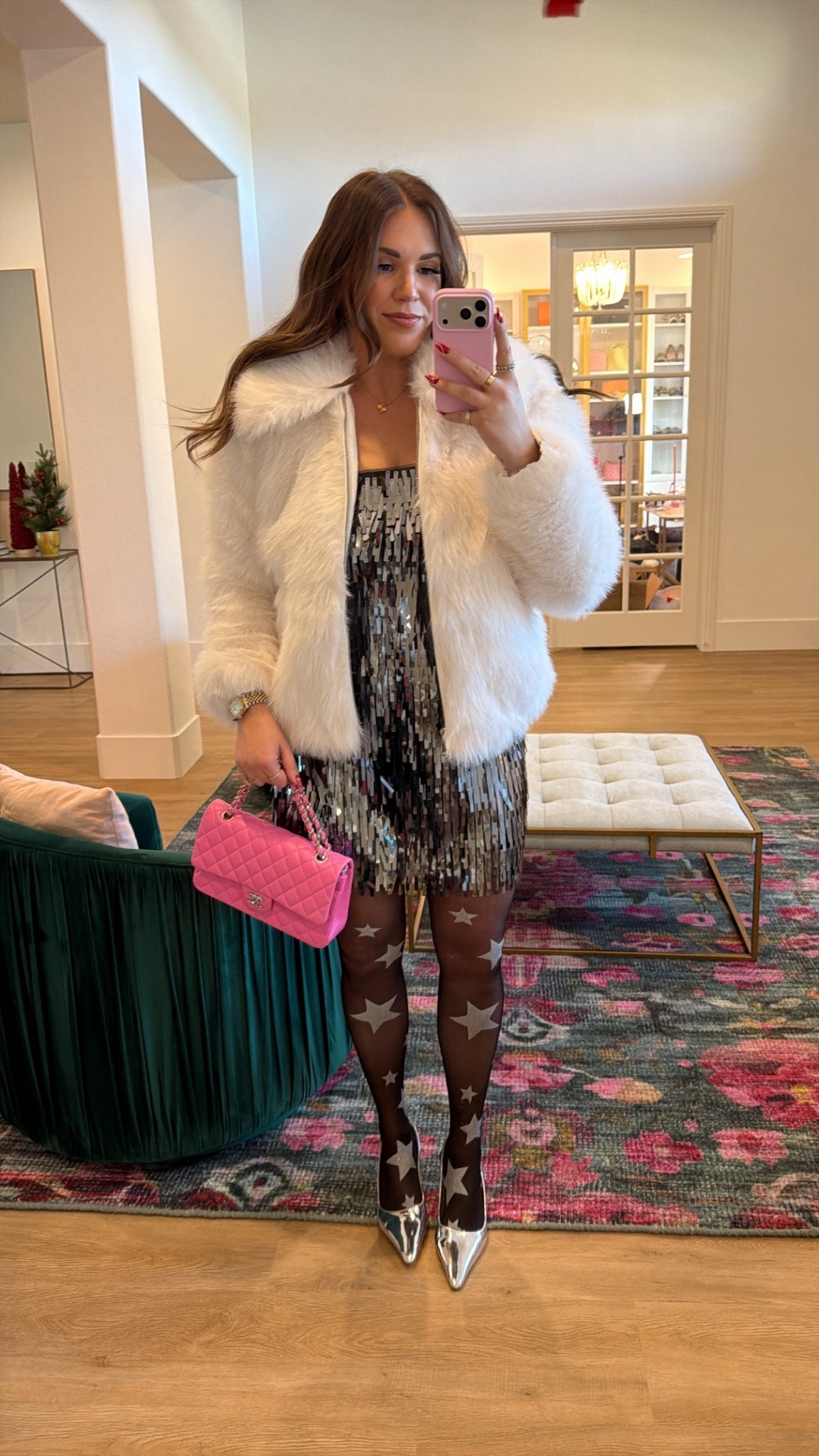 curvy midsize NYE look! wearing size large in strapless silver sequin skort dress and size large in cream faux fur 

#LTKHoliday #LTKFindsUnder100 #LTKMidsize