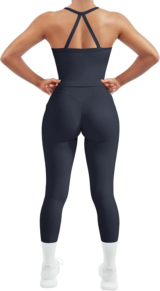 SUUKSESS Women 2 Piece Workout Sets Compression Tummy Control Leggings with Pockets Halter Built ... | Amazon (US)