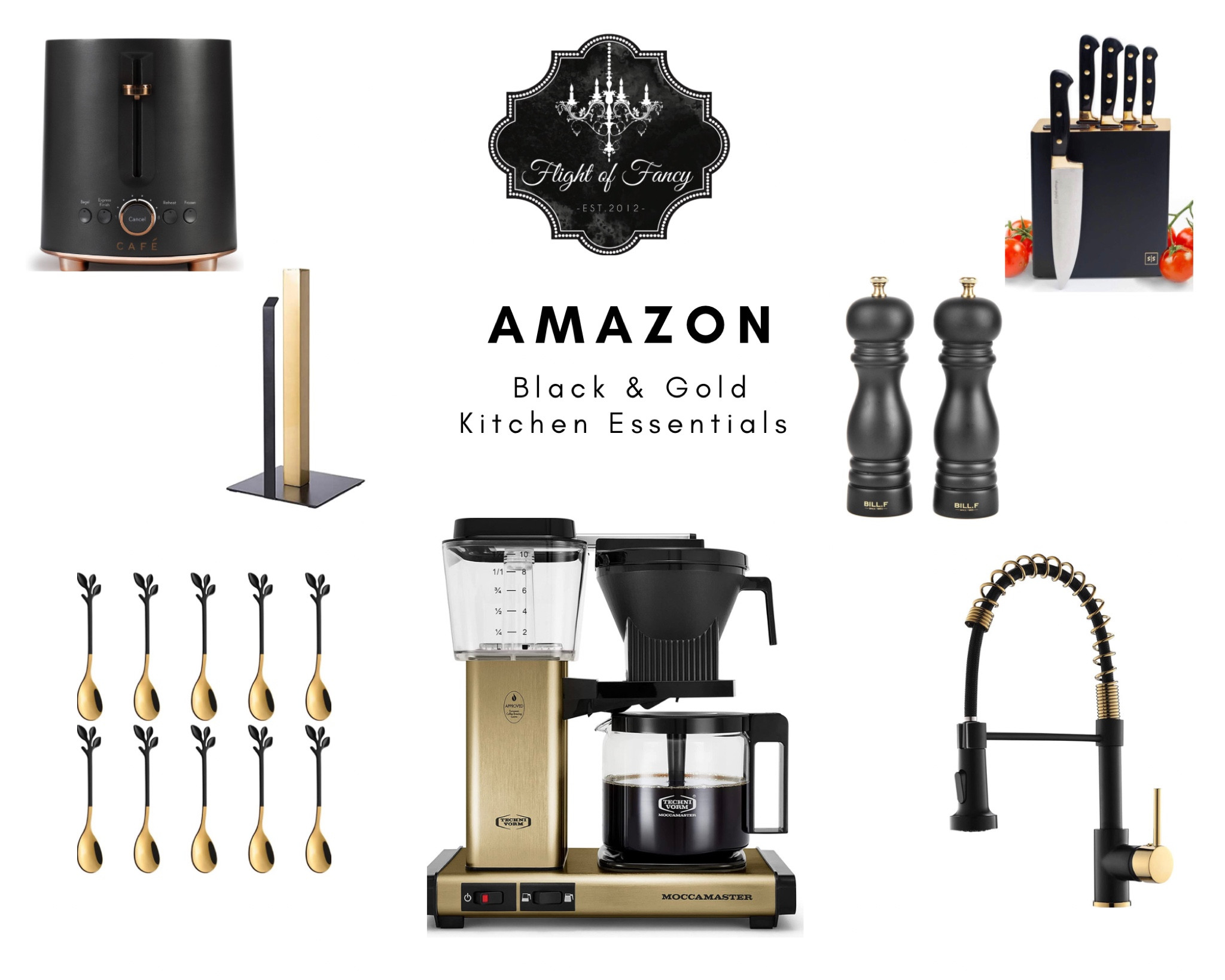 Elegant Amazon Black and Gold Kitchen Essentials!  
Inspired by my new black and gold kitchen faucet, I found beautiful kitchen appliances and accessories to complete the look. Toaster, paper towel holder, coffee maker, kitchen faucet, salt and pepper mill, knife block, kitchen appliances, kitchen accessories

#LTKstyletip #LTKhome #LTKSeasonal