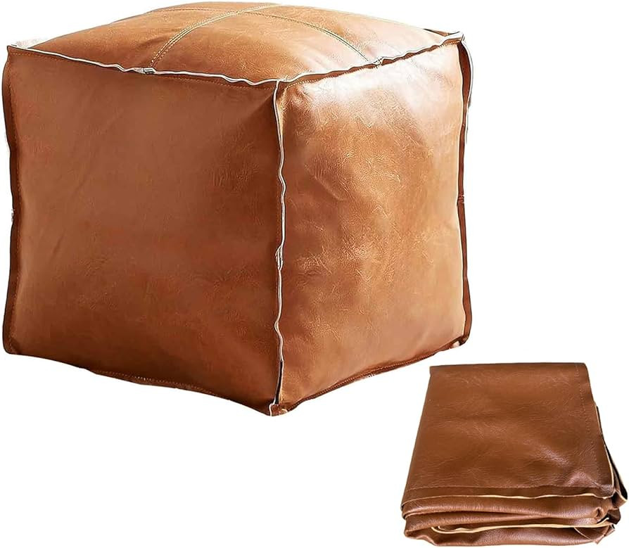 Faux Leather Unstuffed Pouf Ottoman – Square Floor Cushion Cover with Zipper Wear-Resistant & E... | Amazon (US)