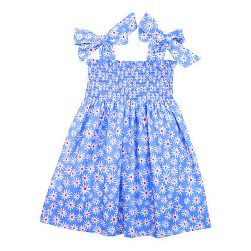Blue And Red Daisy Print Smocked Dress | Cecil and Lou