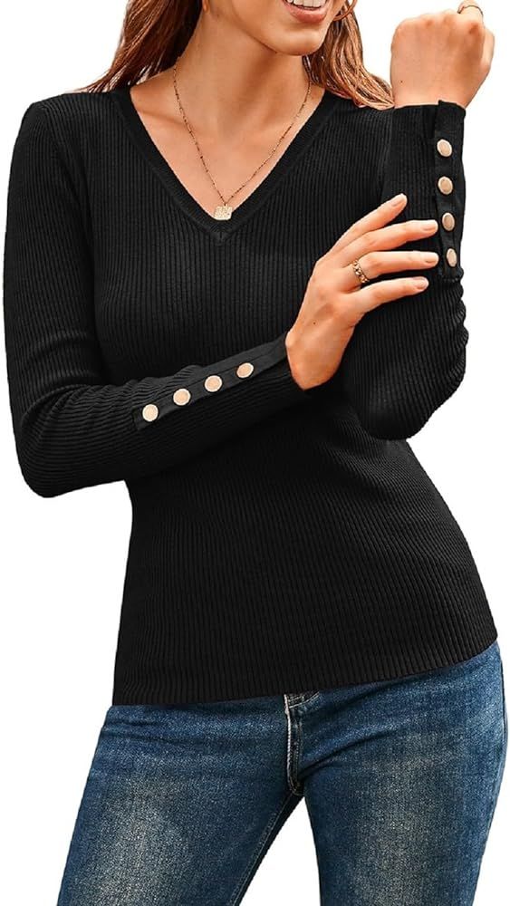 Newshows Womens 2023 Fall Fashion V Neck Pullover Sweaters Long Sleeve Lightweight Stretch Trendy... | Amazon (US)