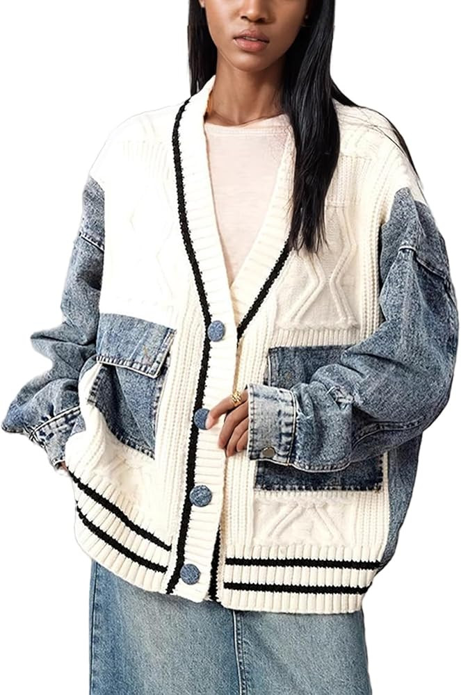Tbahhir Women Open Front Sweater Cardigan Denim Patchwork Long Sleeve Chunky Knit Button Down Jac... | Amazon (US)