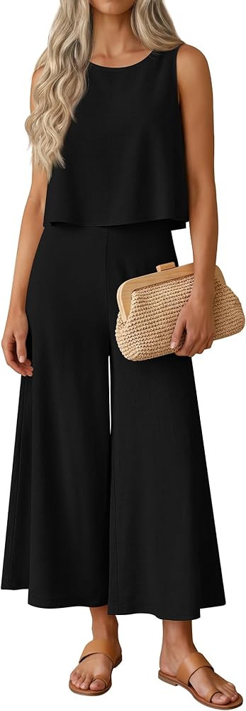 Womens 2 Piece Linen Set Summer Outfits Crew Neck Sleeveless Crop Tank Top Wide Capri Pants Loung... | Amazon (US)