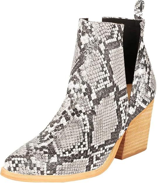 Womens Ankle Boots Slip on Cutout Pointed Toe Snakeskin Chunky Stacked Mid Heel Booties | Amazon (US)