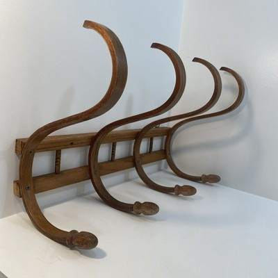 Vintage Bentwood Thonet Style Hat Coat Rack Wall  Oak Hall Tree Holder 4 Hook | eBay US