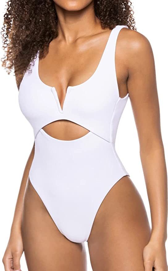 Meyeeka Women's One Piece Swimsuits Tummy Control Bathing Suits V Neck Swimwear High Cut Monokini | Amazon (US)