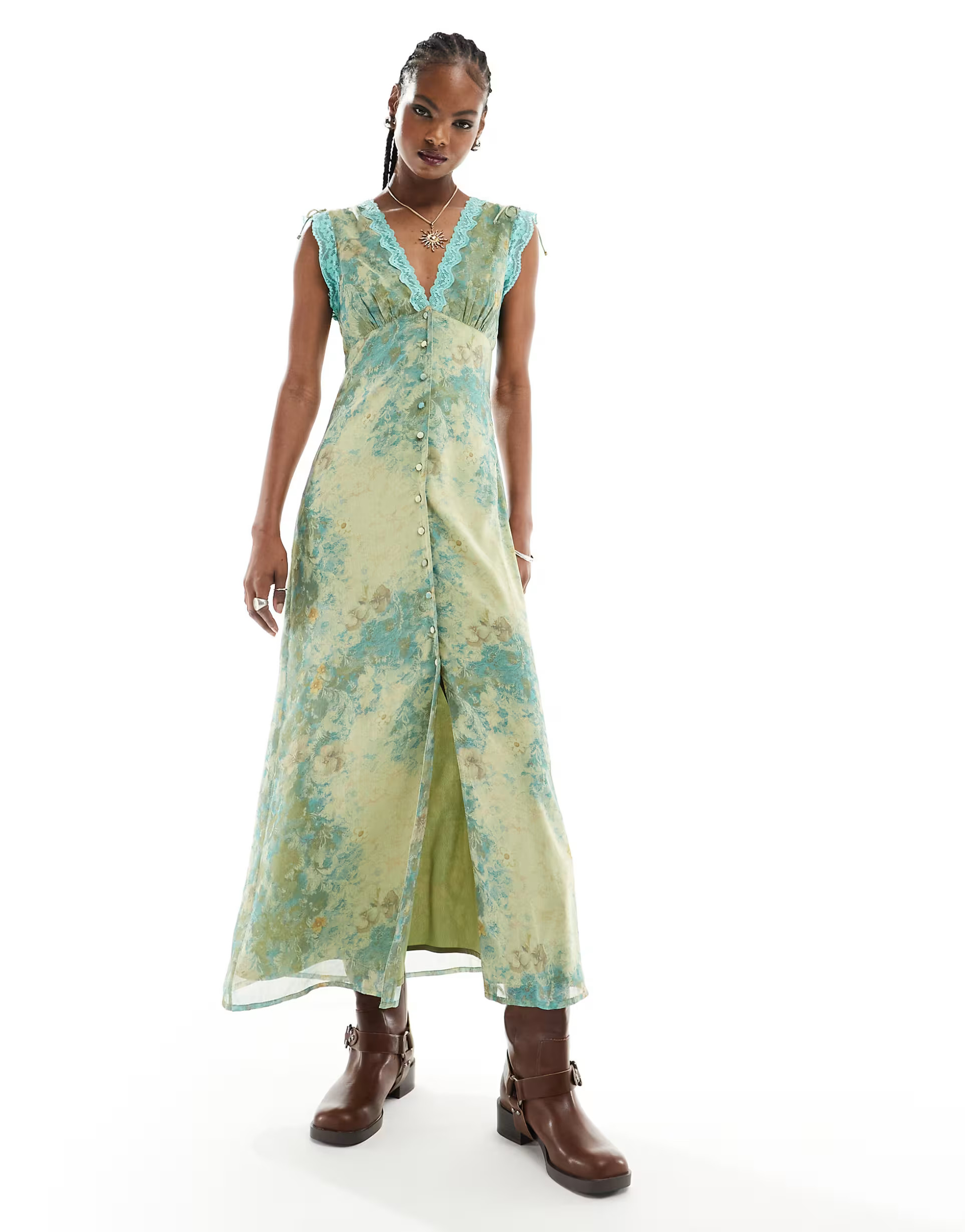 Reclaimed Vintage midi dress in floral print with lace in green | ASOS (Global)