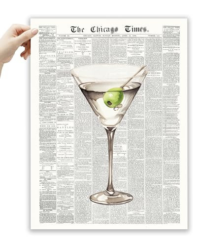 EcoHest UnFramed Trendy Newspaper Martini Wall Art, 12x16 in OAK Wood Retro Bar Cart Canvas Art, Magazine Aesthetic Apartment Art, Beige Logs Funky 70's Set of 1 for Bedroom Living Room | Amazon (US)