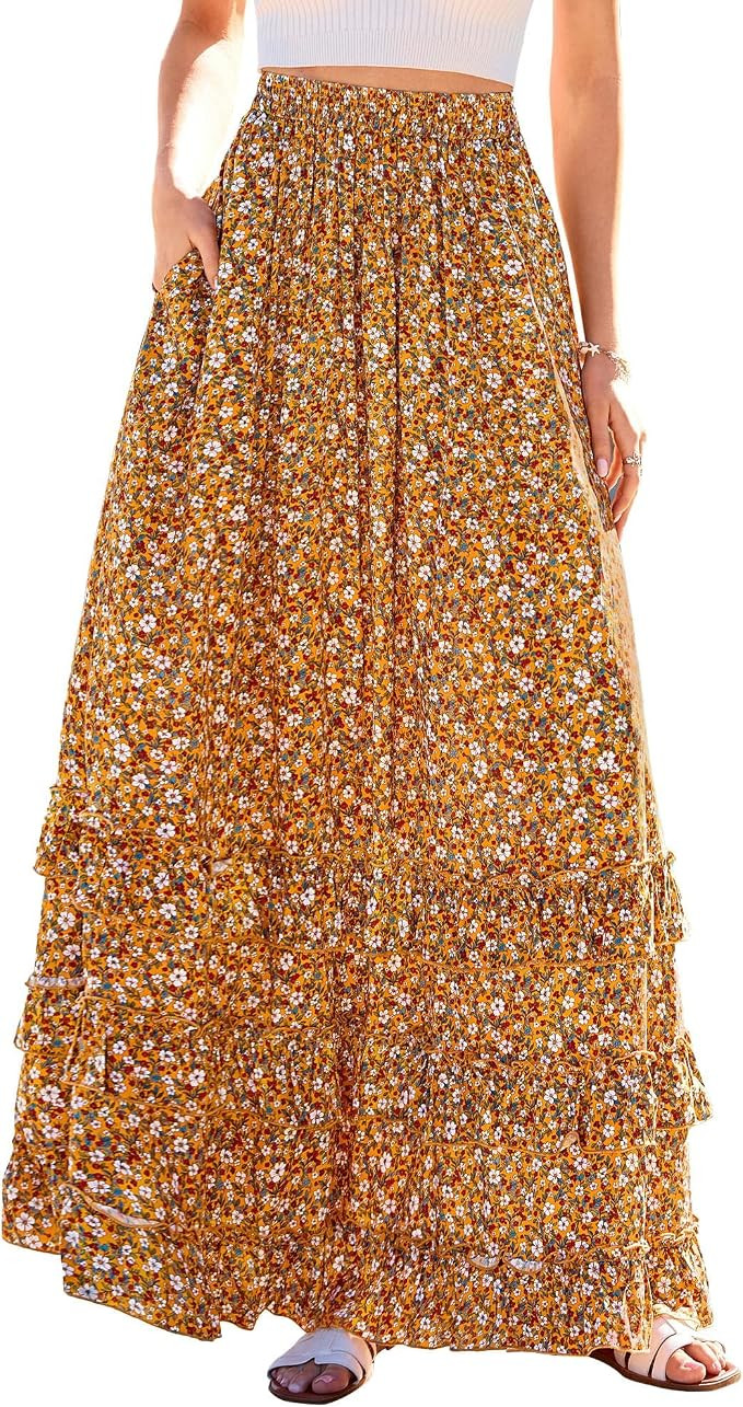 BTFBM Skirts for Women Summer Flowy A-Line Floral Boho Maxi Skirt Long Wedding Guest Dresses Spri... | Amazon (US)